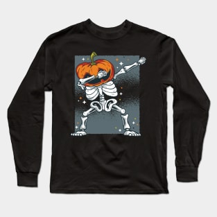 Skeleton with Pumpkin Head Dabbing Halloween Design Long Sleeve T-Shirt